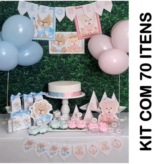 Cha Revelação Ursinhos70 itens Kit decoração festa 70 itens