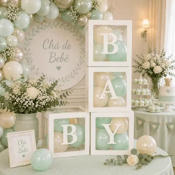 Kit 4 Cubos Chá Revelação Luxo Cha Bebê Baby Letras DecoraçãoTransparente Dobrável