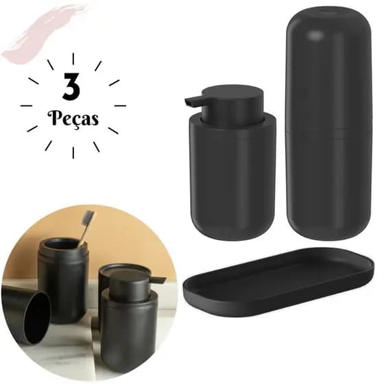 Kit Banheiro 3 Peças Bold <Ou> com Porta Sabonete Líquido Porta Escovas Bandeja Multiuso Organização