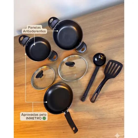 Kit Cozinha 5 Peças Antiaderente- Caçarola com tampa de Vidro, Frigideira e Utensílios em Nylon