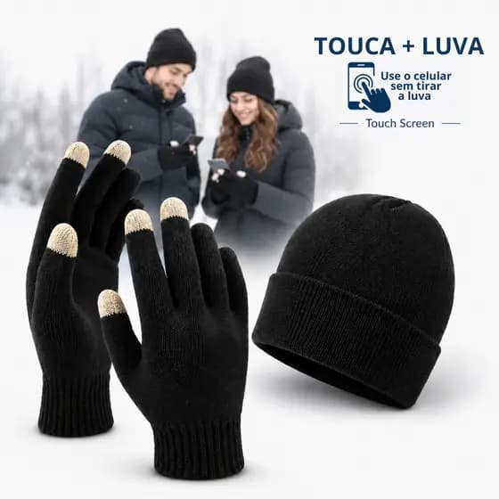 Touca Gorro Inverno Luva Touch Screen Unissex Kit Inverno Frio Adulto Toca Quente