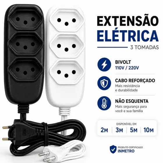 Extensão Elétrica 2 3 5 10 Metros 3 Tomadas Bivolt 10A Cabo Reforçada 220v/110v Resistente Segura