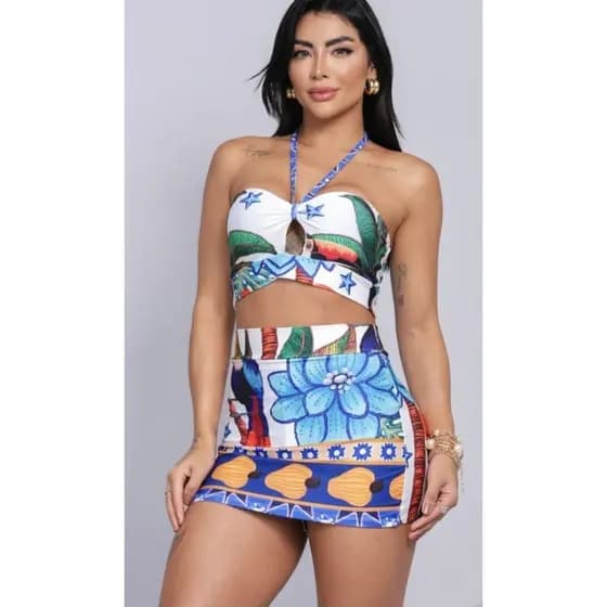 Conjunto Feminino Paradaise Short Saia e Cropped Com Estampas do Verão