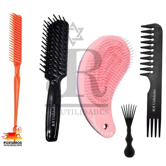 Kit Pente 3 Fileiras Fitagem + Escova Raquete Vazada + Escova Magica Desembaraçar + Pente Jacaré