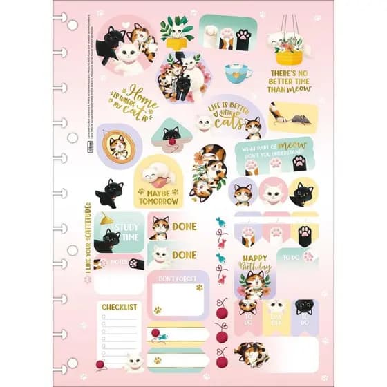 Folhas de Adesivos para Tilidisco, Caderno de disco e Argolado - Purrfect Cats 2 folhas Tilibra