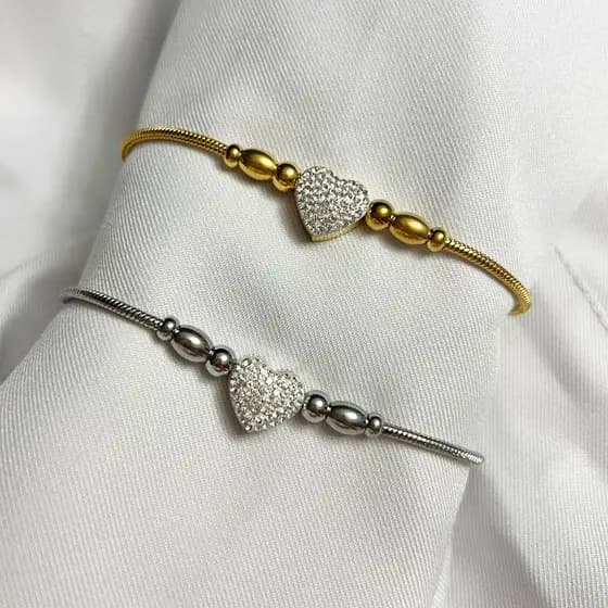 Pulseira Coração Cravejado em Aço Inoxidável