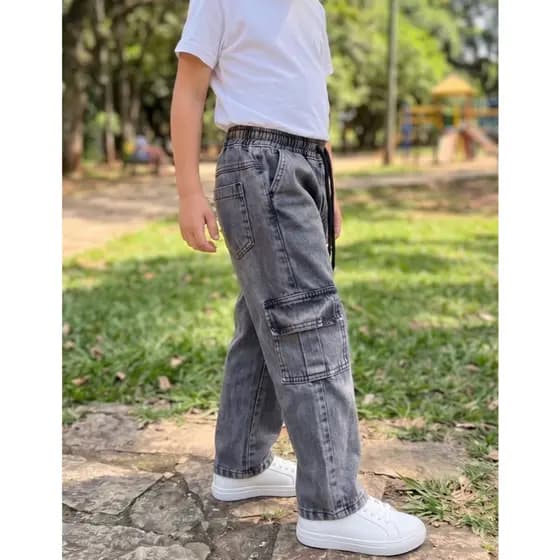 Calça Cargo jeans Infantil Juvenil Skatista Jeans Preta Marmorizada Unissex Menino menina do 4 ao 16