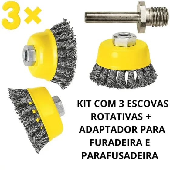Kit 3 Escova Rotativa De Aço P/ Furadeira Lixadeira 64mm + Adaptador M14