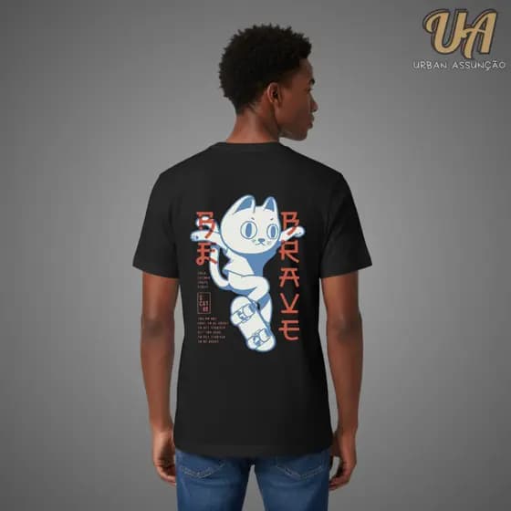 Camiseta T-shirt e Oversized Estilo Streetwear Gato de Skate Asiático - 100% Algodão