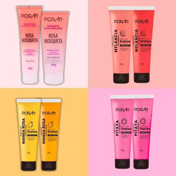 Kit Hidratante Corporal + Sabonete Corpo e Rosto Melancia Manga Rosa Mosqueta Pitaya Poran