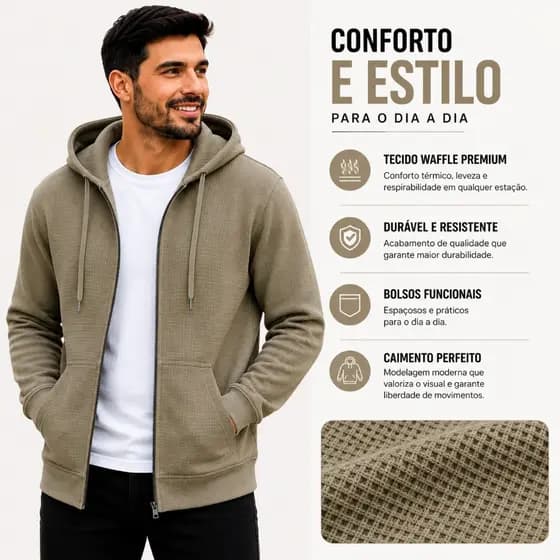 Casaco Waffle Masculino Com Zíper E Capuz Moletom De Frio Inverno Premium Casual