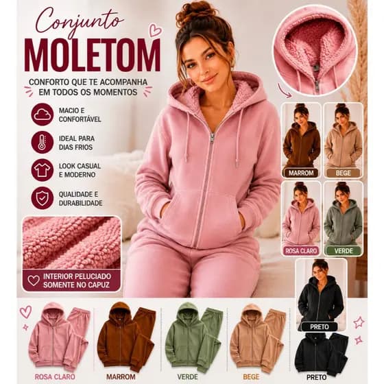 Conjunto Feminino Moletom Flanelado com Capuz Forrado | Premium Casual Inverno