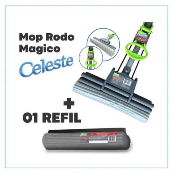 Rodo Esfregão Mop Fácil Celeste Auto Torção + 1 Refil Em Espuma Limpa Seca Limpeza Geral Rodo