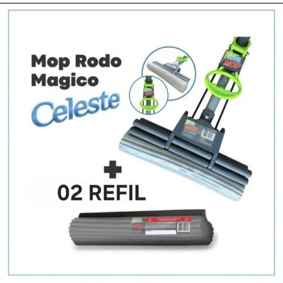 Rodo Mop Celeste Esfregão Facil Auto Torção + 2 Refil Em Espuma Super Absorvente Limpa Seca Limpeza Geral Rodo