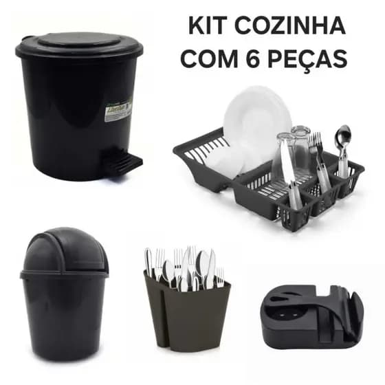 Kit Cozinha 6 Pecas Escorredor Louça + Rodinho + Porta Detergente + Lixeira Pia + Lixeira 7,5 Lts + Escorredor Talheres