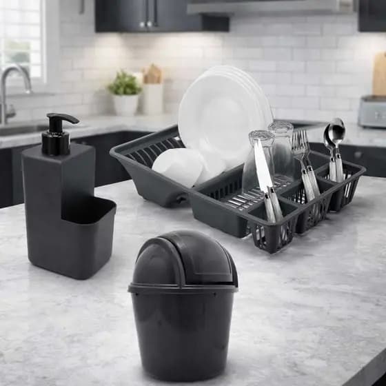 kit 3 Pecas Com Escorredor Louças + Lixeira 2, 4 Litros + Dispenser Porta Detergente Esponja Kit Cozinha Pia Limpeza