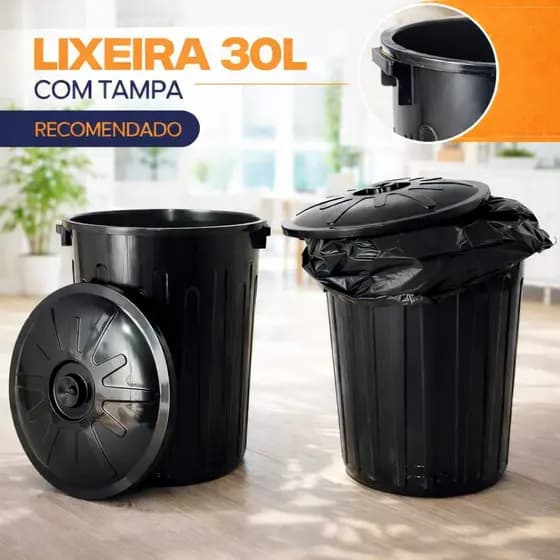 Lixeira Com Tampa Para Proteçãp Odor 30 Litros Preta Cesto Balde De Lixo Grande Plastico Super Resistente Pratica