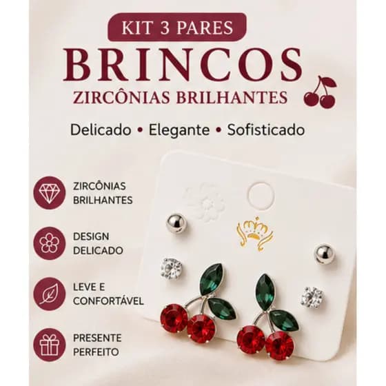 Kit 3 Pares Brincos Femininos Cereja Zircônia Luxo Delicado Elegante Folheado Festa Presente Moda Feminina