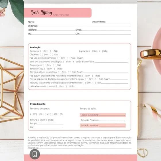 Ficha / Agenda de Anamnese Lash Lifting - Cílios - Lash Designer - Agenda encadernada - Salão de Beleza