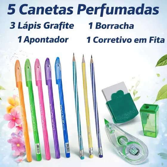 Kit Escolar 11 itens Canetas Coloridas Perfumadas+Lápis Grafite+Borracha+Fita Corretiva+Apontador