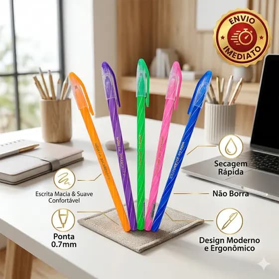 Kit 5/10/15/20/25/30 Caneta Colorida Esferográfica 0.7 Perfumada Wow Rosa/Roxo/Verde/Azul/Laranja/Escolar