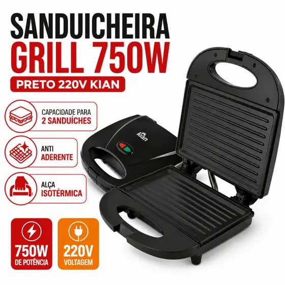 Sanduicheira E Grill Elétrica Kian 750w Preta 220v Antiaderente