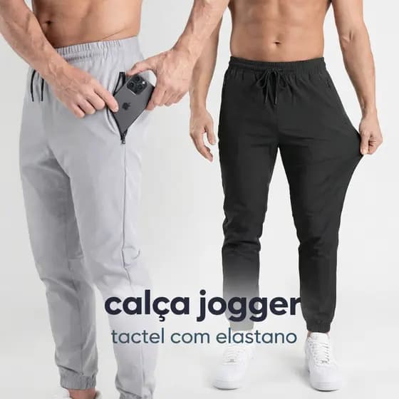 CALÇA JOGGER MASCULINA TACTEL COM ELASTANO E BOLSO COM ZIPER para academia treino verão e inverno