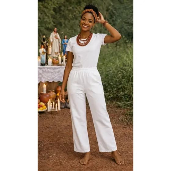 Calça Umbanda Feminina Candomblé Unissex Oxford Ração Religiao Roupa com Elástico Homem Mulher