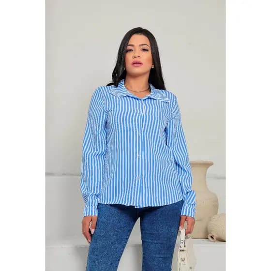 Camisa Social Feminina Manga Longa estampa listrado fino azul claro