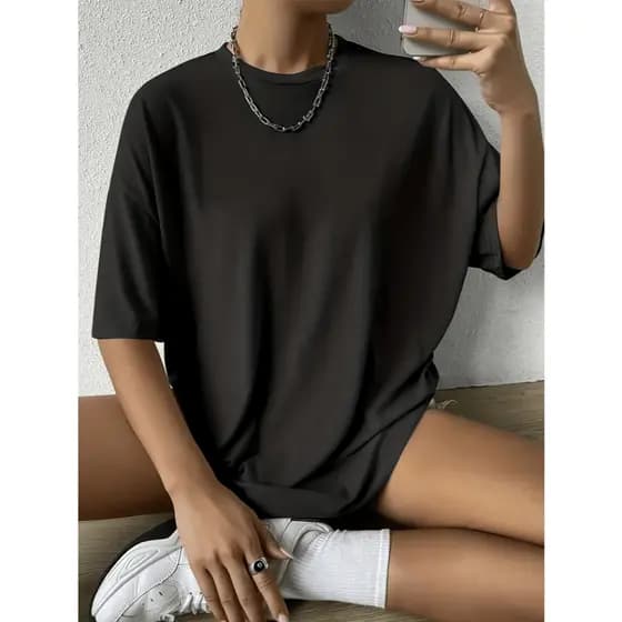 Camiseta Feminina Casual Oversized Lisa Gola Redonda Costura Reforçada 100% Algodão