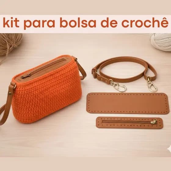 Kit para Bolsa de Crochê em Couro Sintético – Alça, Fundo Retangular e Zíper | Metais ouro velho
