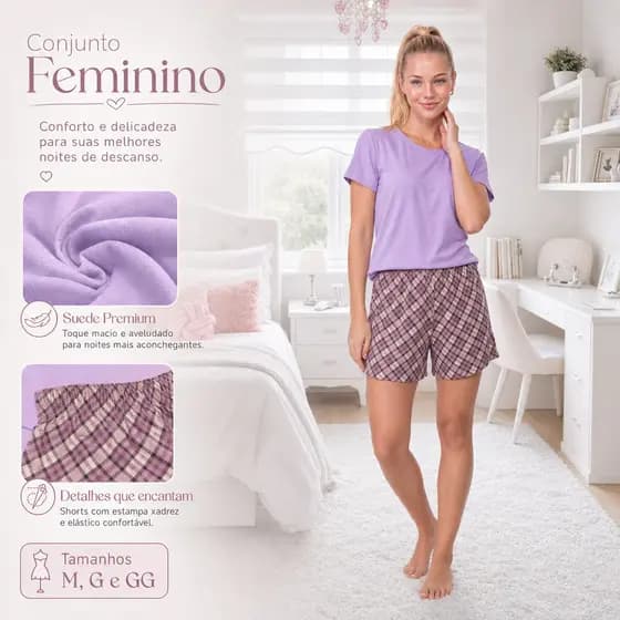 Pijama Feminino Meia Coxa Suede Estampado Confortável Roupa de Dormir