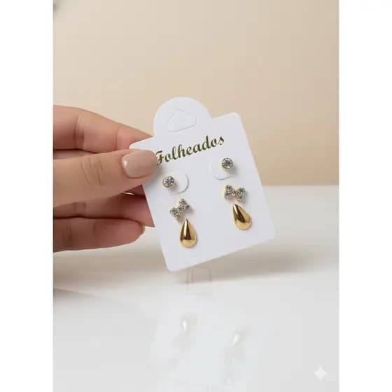 kit Trio de Brincos Laço Folheado Ouro 18k 3 Pares