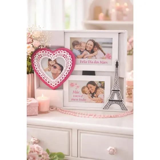 Porta Retrato Decorativo Coração e Torre Eiffel - Porta Retrato para 3 fotos 10x15