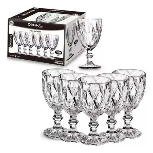 JOGO DE TAÇA DE VIDRO PARA VINHO / ÁGUA/ SUCO - DIAMANTE COM 6 PECAS 340ML