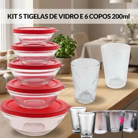 Kit 5 Tigelas de Vidro e 6 Copos de Vidro de 200 ml Potes Multiuso Pode ir ao Microondas