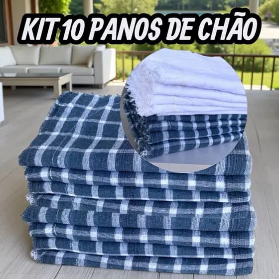 Kit 10 Pano de Chão para Limpeza em Geral Grande - Saco Duplo 5 Xadrez e 5 Branco Qualidade Grosso