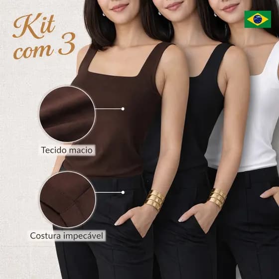 Kit 3 Regata Decote Quadrado Básica Feminina Moda feminina Blusinha