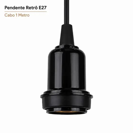 Pendente E27 Preto Cabo 1 Metro Soquete Teto Luminária Retrô Industrial