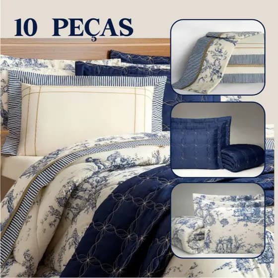 Edredom 10 peças Completa Casal Queen e King Macio Premium + Jogo de Lençol Moderno + Colcha Cobre Leito Porcelana
