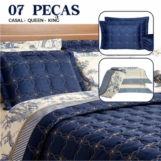Kit 07 Peças Cama Colcha Cobre Leito + Jogo de Lençol Luxo Moderno Premium Porcelana Azul e Marsalla