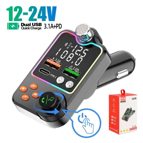 Transmissor FM para carro Bluetooth 5.0, Dual USB 3.1A + carregador Type-C, tocador MP3 com mãos livres e cartão TF.