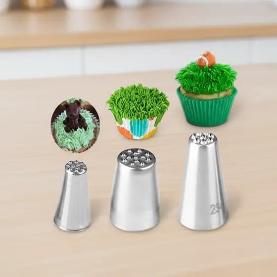3 peças de bicos de confeiteiro com design de grama para decoração de bolo
