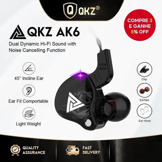 QKZ AK6 - Fones de Ouvido Esportivos AK6-X de Alta Qualidade com Microfone Versão Atualizada com Grave