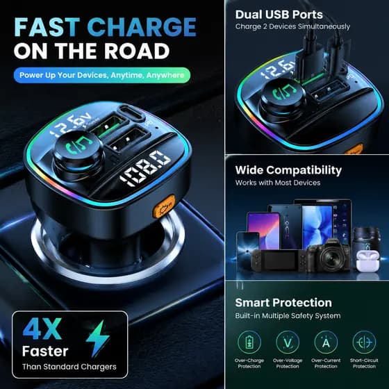 Bluetooth 5.3 Transmissores FM Para Carro MP3 Player 22.5 W Carregador Rápido USB