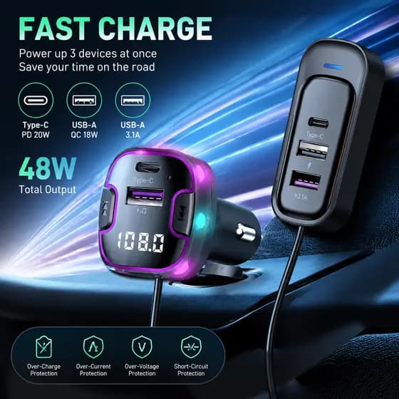 Kit De Carro BLUETOOTH 5.2 Transmissor Fm , Chamadas Viva-Voz , Carregador USB 3.1a Duplo , Reprodutor De Áudio Mp3 , Us