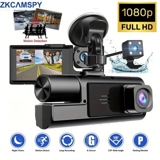 Câmera Veicular 3 Lentes Dashcam Gravação Frontal e Traseira 1080p 3 Câmeras Caixa Preta