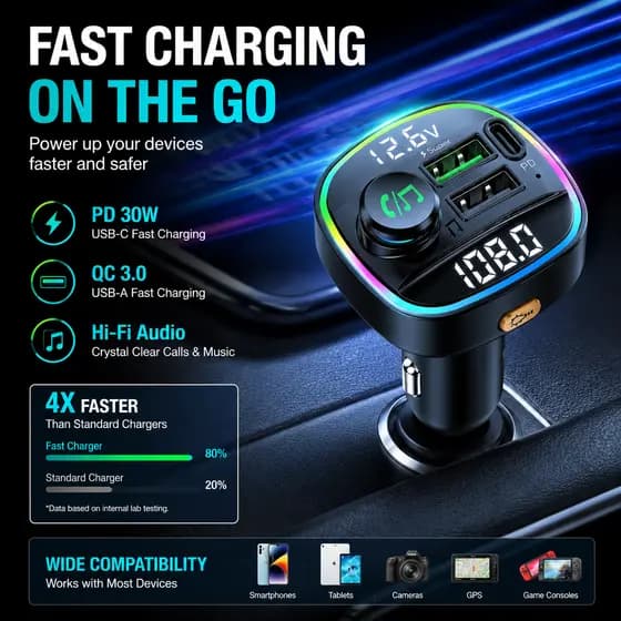 Transmissor Fm BLUETOOTH Para Carro Dual USB Type C Carregador Rápido Reprodutor De Mp3 Sem Fio