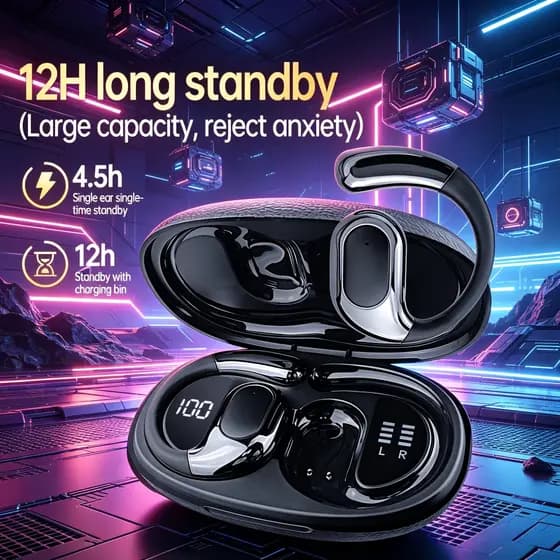 Bnixry K04 Fones de ouvido sem fio Bluetooth com display digital LED, fones de ouvido com condução óssea, fone de ouvido