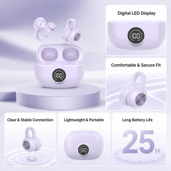 Fones de ouvido K70, fones Bluetooth com clipe de orelha, sincronização de áudio e vídeo, fones de ouvido sem atraso,